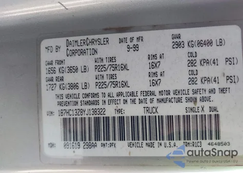 2000 Dodge Ram 1500 St from USA, damaged, VIN 1B7HC13Z8YJ138322